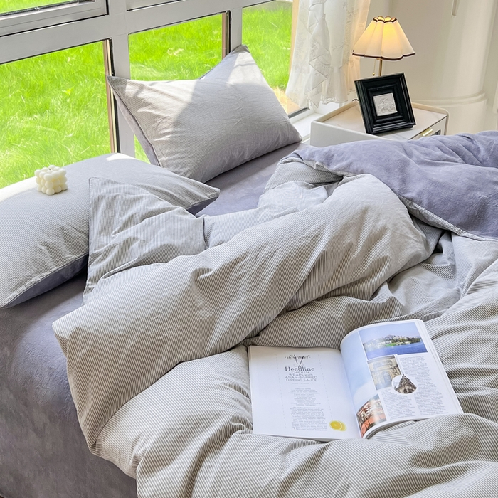 91家纺网 家纺一手货源 找家纺 2024最新无印良品风双拼全棉色织水洗棉加牛奶绒四件套简约全棉拼牛奶绒 棉+绒-灰极细条