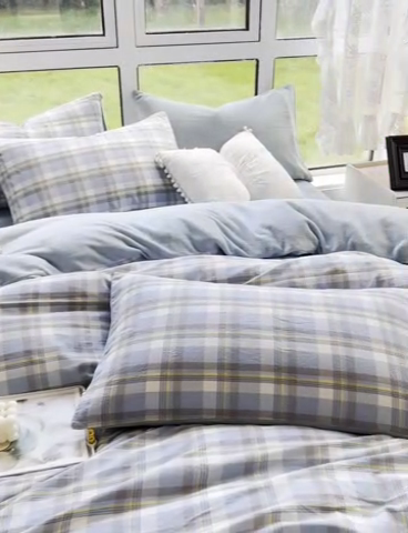 91家纺网 家纺一手货源 找家纺 2024最新款无印良品风双拼全棉色织水洗棉加牛奶绒单品被套简约风全棉拼牛奶绒被套 棉+绒-简兮蓝