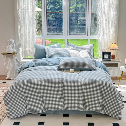 91家纺网 家纺一手货源 找家纺 （总）2024最新款无印良品风双拼全棉色织水洗棉加牛奶绒单品被套简约风全棉拼牛奶绒被套