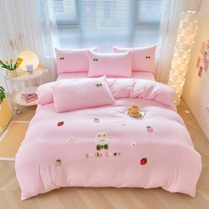 云锦家居 2024新款水洗云朵棉立体毛巾绣四件套 草莓甜心