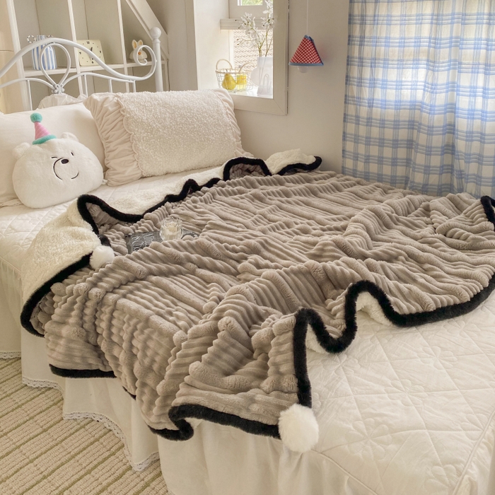 91家纺网 家纺一手货源 找家纺 潮邦 2025秋冬子母抽条羊羔绒球毯 子母抽条球毯-灰色