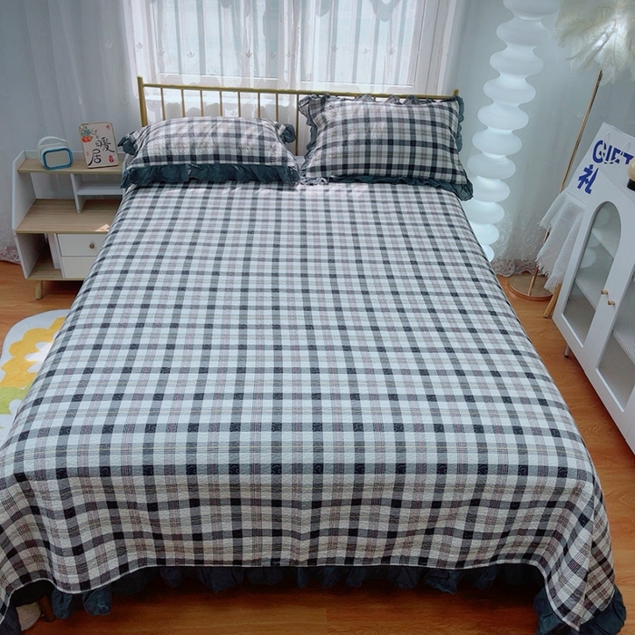 91家纺网 家纺一手货源 找家纺 2024新款亲肤舒适法式床盖三件套 格子控