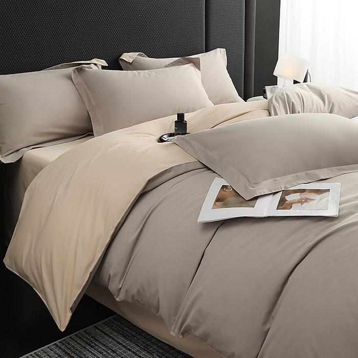 91家纺网 家纺一手货源 找家纺 莱阁亿 2025秋冬新款高支高密全棉纯棉磨毛双拼纯色单被套被套单件 大麦灰&粉糖