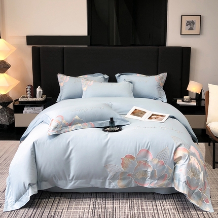 家居1号家纺 2024新款全棉磨毛刺绣四件套-爱洛 温馨蓝