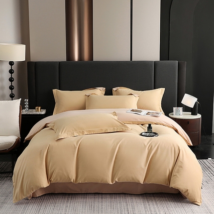 莱阁亿 2025秋冬新款高支高密全棉纯棉磨毛双拼纯色四件套 芒果黄&巧克力