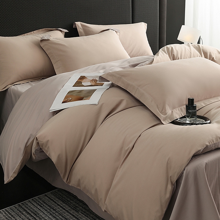 91家纺网 家纺一手货源 找家纺 莱阁亿 2025秋冬新款高支高密全棉纯棉磨毛双拼纯色四件套 可可奶宗&大麦灰