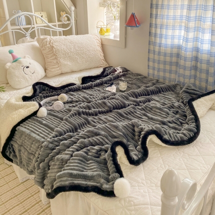 91家纺网 家纺一手货源 找家纺 潮邦 2025秋冬子母抽条羊羔绒球毯 子母抽条球毯-深灰