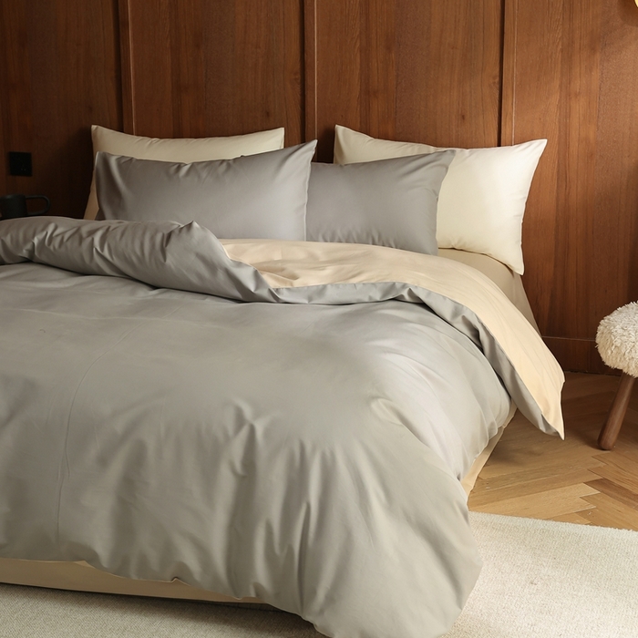 91家纺网 家纺一手货源 找家纺 久典家居 2024新款100支长绒棉磨毛纯色双拼四件套 冰川灰双拼