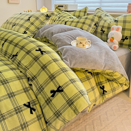 妖妖家纺 2024新款高克重200克印花牛奶绒四件套 忆青春-绿