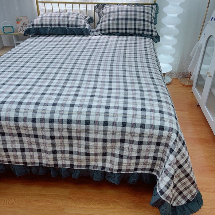 91家纺网 家纺一手货源 找家纺 2024新款亲肤舒适法式床盖三件套 格子控