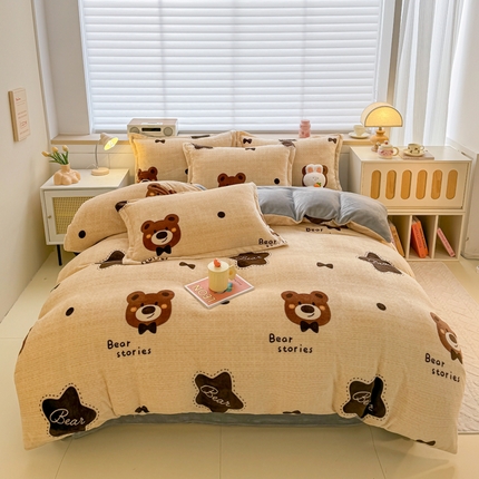 91家纺网 家纺一手货源 找家纺 妖妖家纺 2024新款高克重200克印花牛奶绒四件套 小熊故事