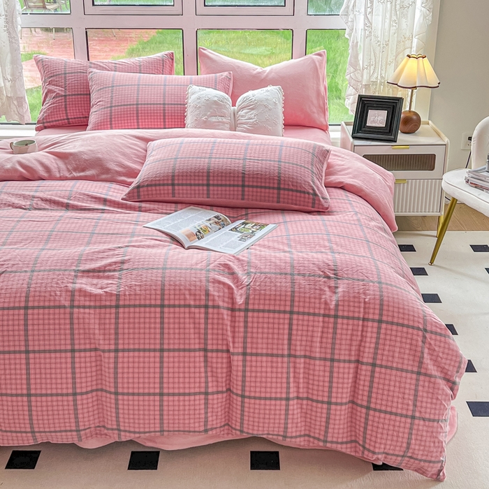 91家纺网 家纺一手货源 找家纺 2024最新无印良品风双拼全棉色织水洗棉加牛奶绒四件套简约全棉拼牛奶绒 棉+绒-瓦尔粉