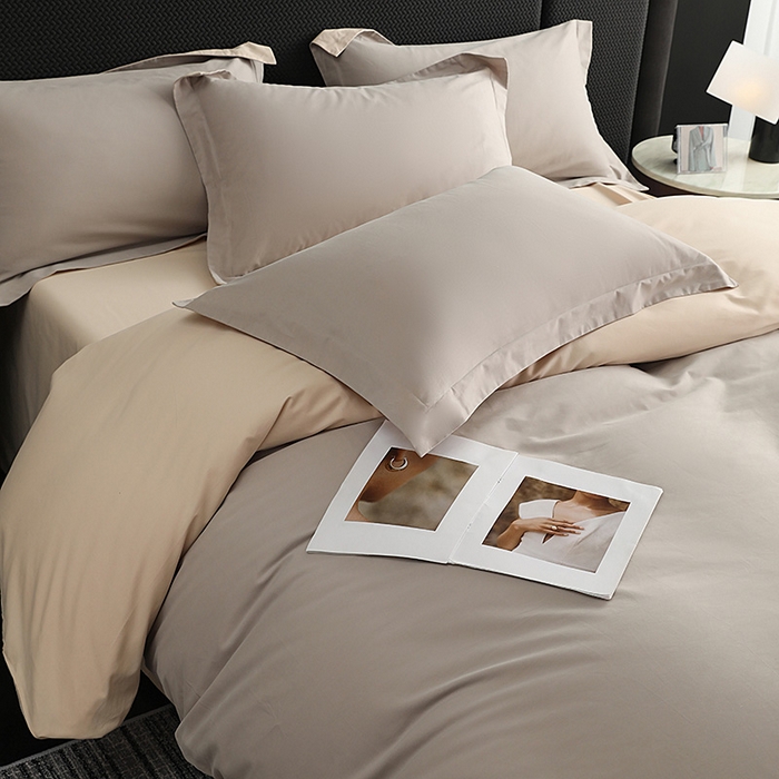 91家纺网 家纺一手货源 找家纺 莱阁亿 2025秋冬新款高支高密全棉纯棉磨毛双拼纯色单被套被套单件 大麦灰&粉糖