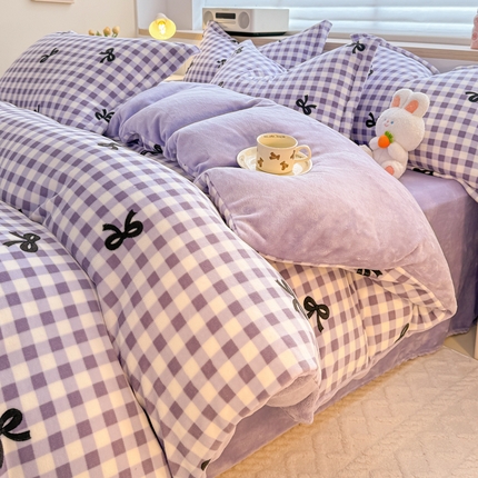 妖妖家纺 2024新款高克重200克印花牛奶绒四件套 格子蝴蝶结-紫