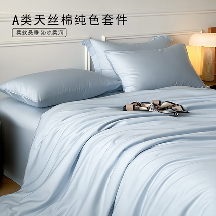 Mr.pig猪先生水洗棉 2024新款天丝棉纯色四件套 纯净蓝