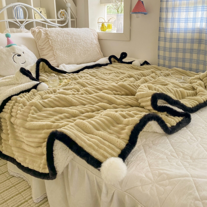 91家纺网 家纺一手货源 找家纺 潮邦 2025秋冬子母抽条羊羔绒球毯 子母抽条球毯-浅咖