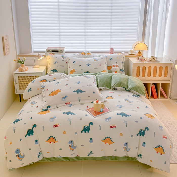 91家纺网 家纺一手货源 找家纺 妖妖家纺 2024新款高克重200克印花牛奶绒四件套 恐龙时代