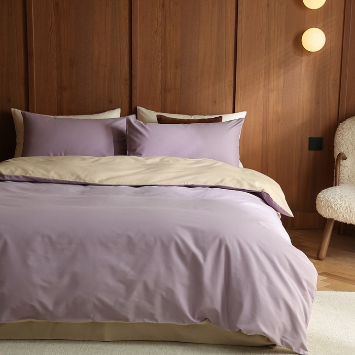91家纺网 家纺一手货源 找家纺 久典家居 2024新款100支长绒棉磨毛纯色双拼四件套 佩斯利紫双拼