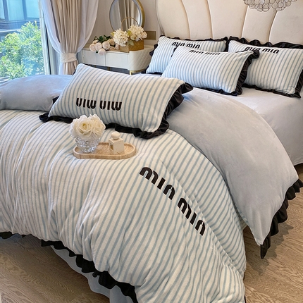 苏源家居 2024新款牛奶绒条纹ins风韩版黑色花边公主风四件套 梦幻-海盐蓝