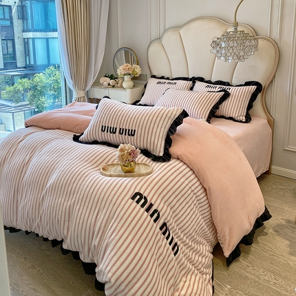 苏源家居 2024新款牛奶绒条纹ins风韩版黑色花边公主风四件套 梦幻-雅紫粉