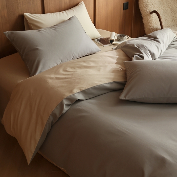 91家纺网 家纺一手货源 找家纺 久典家居 2024新款100支长绒棉磨毛纯色双拼四件套 冰川灰双拼