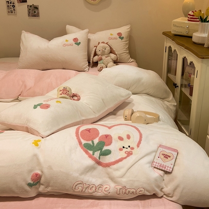 （总）梦之岛 2024新款ins加厚卡通爱心小兔毛巾绣牛奶绒四件套