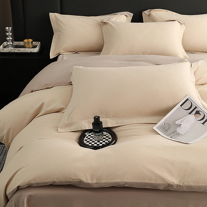 91家纺网 家纺一手货源 找家纺 莱阁亿 2025秋冬新款高支高密全棉纯棉磨毛双拼纯色四件套 可可奶棕&布莱棕