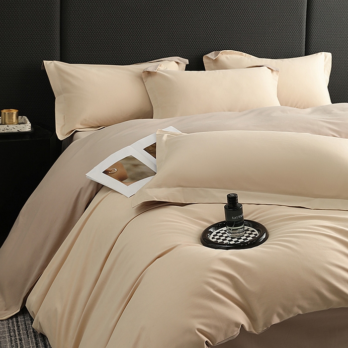 91家纺网 家纺一手货源 找家纺 莱阁亿 2025秋冬新款高支高密全棉纯棉磨毛双拼纯色四件套 可可奶棕&布莱棕