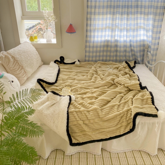 91家纺网 家纺一手货源 找家纺 潮邦 2025秋冬子母抽条羊羔绒球毯 子母抽条球毯-浅咖