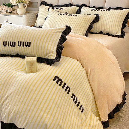 苏源家居 2024新款牛奶绒条纹ins风韩版黑色花边公主风四件套 梦幻-柠檬黄