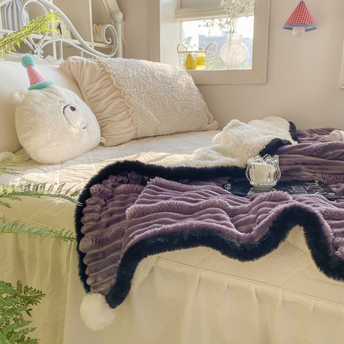 91家纺网 家纺一手货源 找家纺 潮邦 2025秋冬子母抽条羊羔绒球毯 子母抽条球毯-紫色