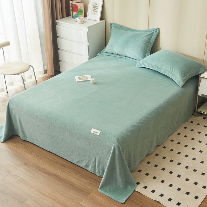 91家纺网 家纺一手货源 找家纺 吾诺家居 2024新款秋冬华夫格牛奶绒单床单系列 浅灰兰