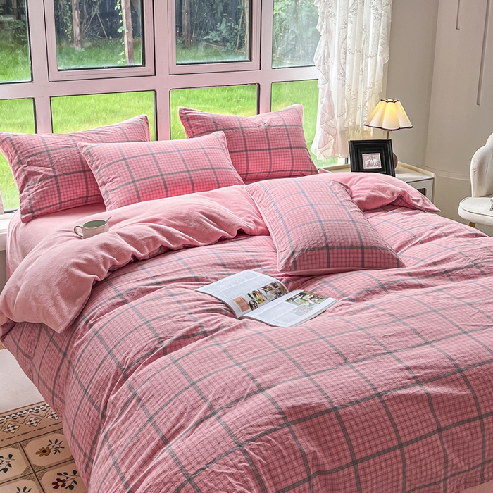 91家纺网 家纺一手货源 找家纺 2024最新无印良品风双拼全棉色织水洗棉加牛奶绒四件套简约全棉拼牛奶绒 棉+绒-瓦尔粉