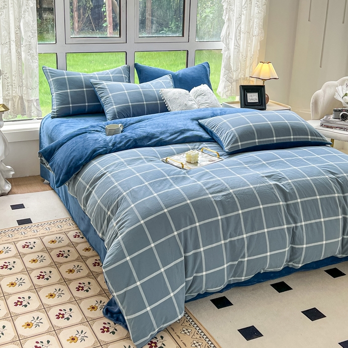 91家纺网 家纺一手货源 找家纺 2024最新款无印良品风双拼全棉色织水洗棉加牛奶绒单品被套简约风全棉拼牛奶绒被套 棉+绒-海蓝大格