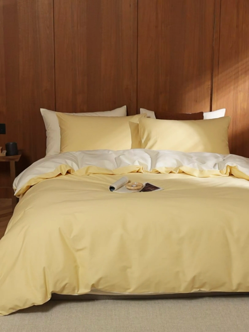 91家纺网 家纺一手货源 找家纺 久典家居 2024新款100支长绒棉磨毛纯色双拼四件套 浅米黄双拼