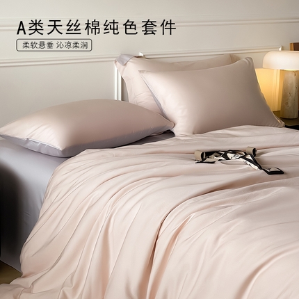 Mr.pig猪先生水洗棉 2024新款天丝棉纯色四件套 桃喜粉+朦胧灰