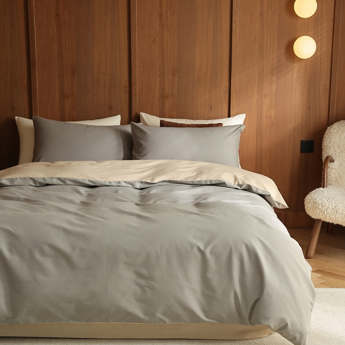 91家纺网 家纺一手货源 找家纺 久典家居 2024新款100支长绒棉磨毛纯色双拼四件套 冰川灰双拼