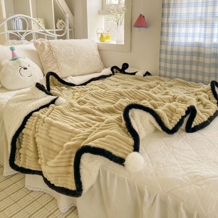 潮邦 2025秋冬子母抽条羊羔绒球毯 子母抽条球毯-浅咖