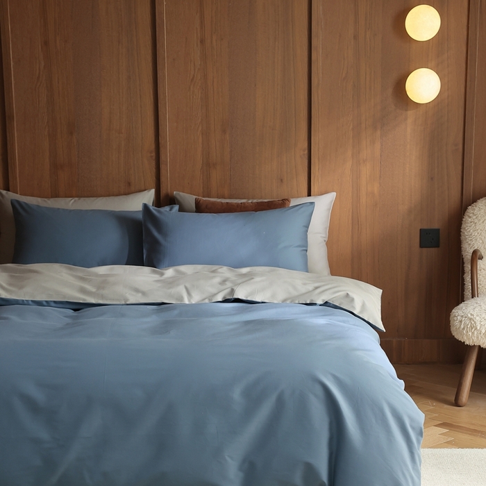 91家纺网 家纺一手货源 找家纺 久典家居 2024新款100支长绒棉磨毛纯色双拼四件套 挪威蓝双拼