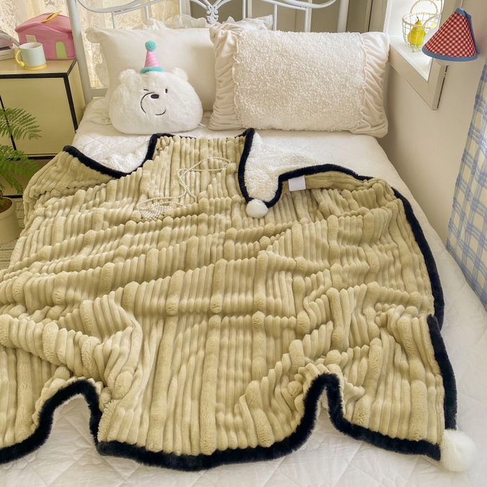 91家纺网 家纺一手货源 找家纺 潮邦 2025秋冬子母抽条羊羔绒球毯 子母抽条球毯-浅咖