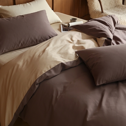 91家纺网 家纺一手货源 找家纺 久典家居 2024新款100支长绒棉磨毛纯色双拼四件套 咖啡色双拼
