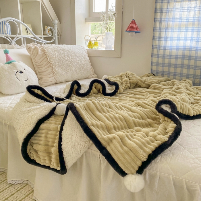 91家纺网 家纺一手货源 找家纺 潮邦 2025秋冬子母抽条羊羔绒球毯 子母抽条球毯-浅咖