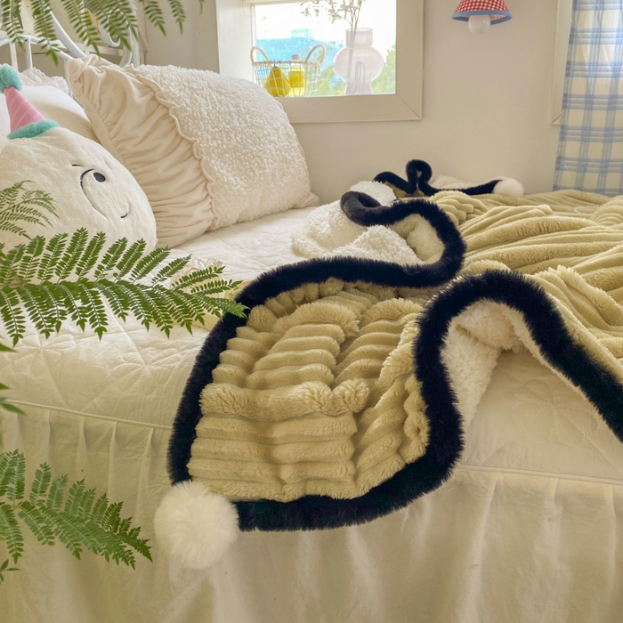 91家纺网 家纺一手货源 找家纺 潮邦 2025秋冬子母抽条羊羔绒球毯 子母抽条球毯-浅咖