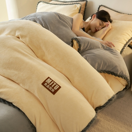 晨曦家纺 2024新款日系简约小包边牛奶绒四件套 简约-奶黄