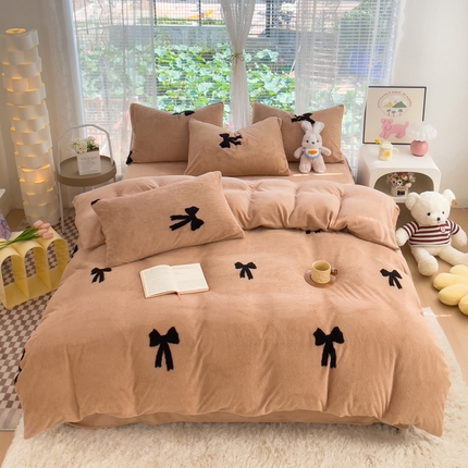 蝶帕家纺 2024新款阳离子提花舒棉绒四件套 蝴蝶结-咖