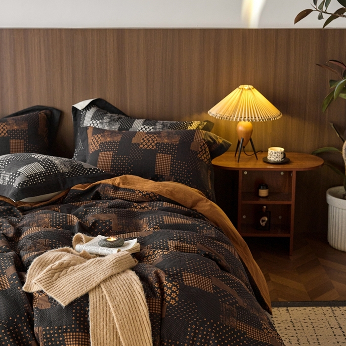 91家纺网 家纺一手货源 找家纺 安莱生活 2024新款全棉纯棉A类母婴双层纱纱布压线飞边款四件套 西雅图-黑咖