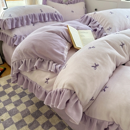 十里居 2024新款韩版蝴蝶结花边款牛奶绒四件套 蝴蝶结-浅紫