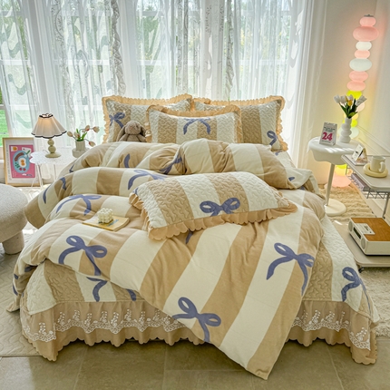 91家纺网 家纺一手货源 找家纺 浩浩家纺 2024新款牛奶绒床盖四件套 简约蝴蝶结