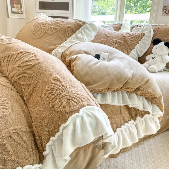 91家纺网 家纺一手货源 找家纺 蝶帕家纺 2024新款舒棉绒提花塔芙绒四件套-蝶舞 蝶舞-咖色