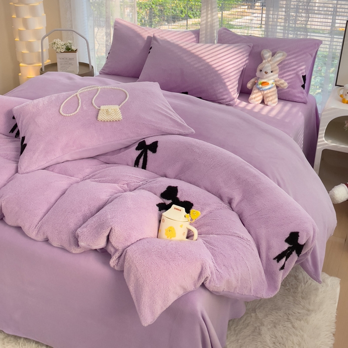 91家纺网 家纺一手货源 找家纺 蝶帕家纺 2024新款阳离子提花舒棉绒四件套 蝴蝶结-紫